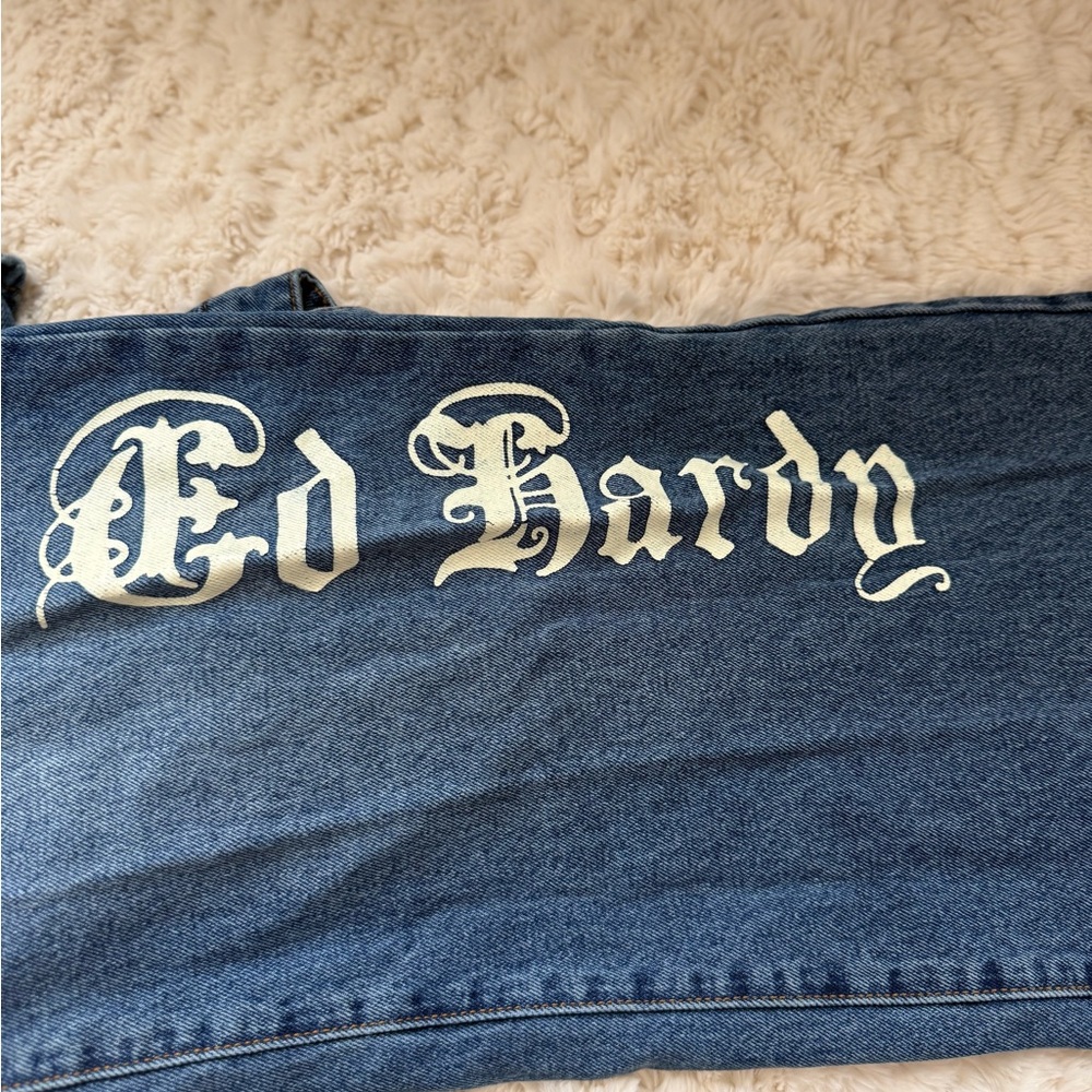 Ed Hardy Blue Wide Extra Baggy Jeans with Graphic Designs. - Picture 3 of 4